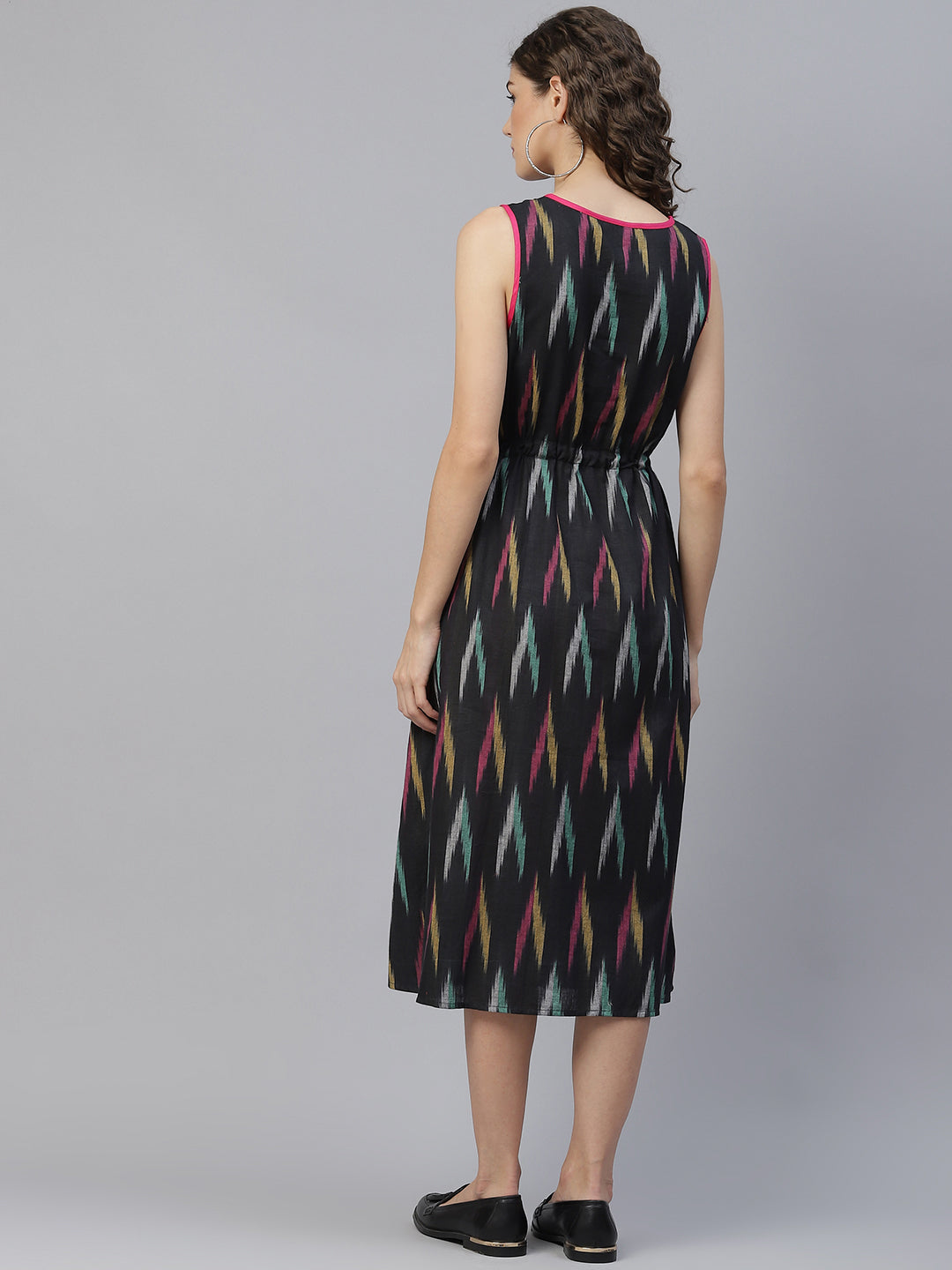 DRESS - Black & Pink Ikat Woven Design A-Line Dress