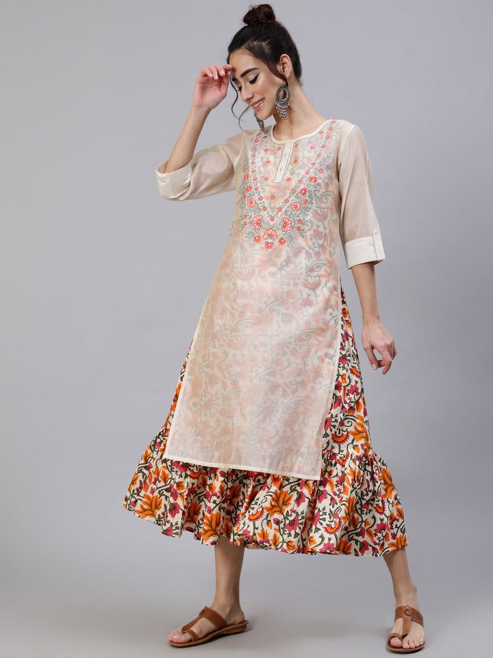 DRESS - Cream & Orange Floral Printed With Chanderi Embroidered Layered Midi Dress