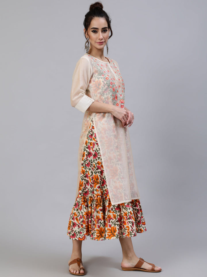 DRESS - Cream & Orange Floral Printed With Chanderi Embroidered Layered Midi Dress