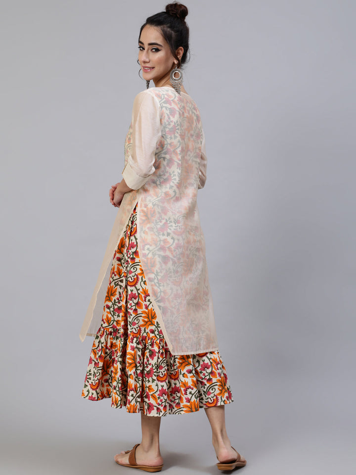 DRESS - Cream & Orange Floral Printed With Chanderi Embroidered Layered Midi Dress