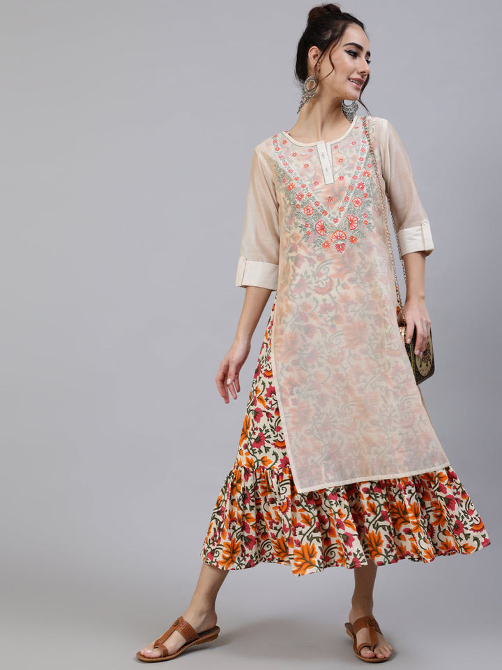 DRESS - Cream & Orange Floral Printed With Chanderi Embroidered Layered Midi Dress