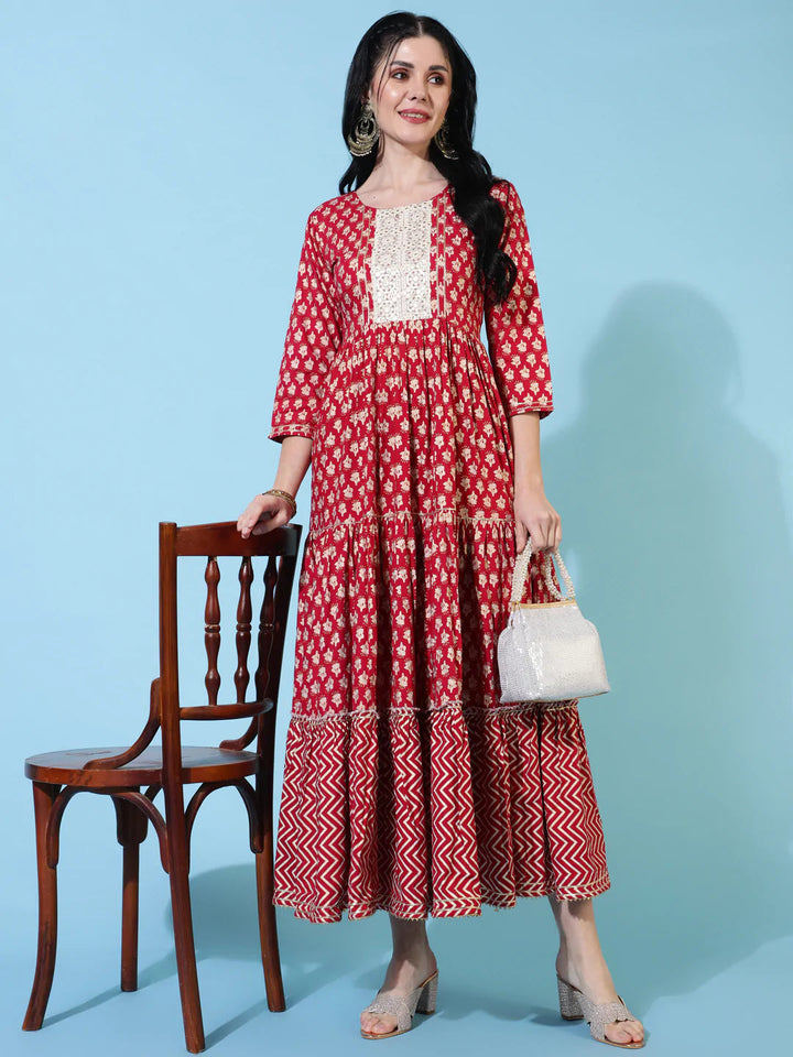 DRESS - Floral Printed Sequenced Fit & Flare Ethnic Dress