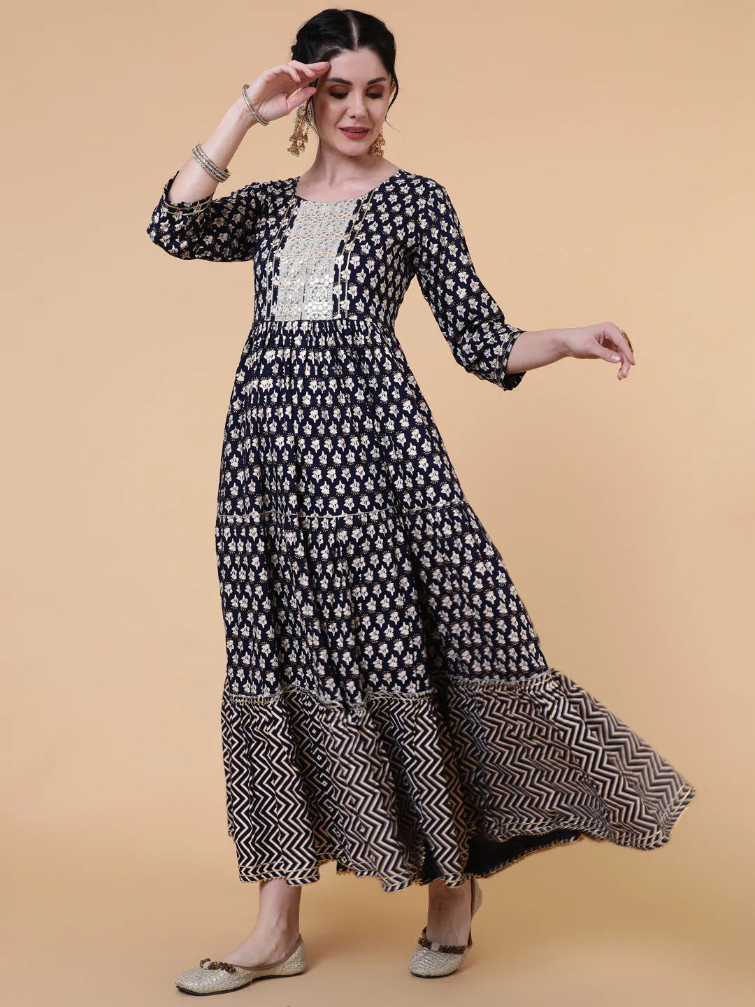 DRESS - Floral Printed Sequenced Fit & Flare Ethnic Dress