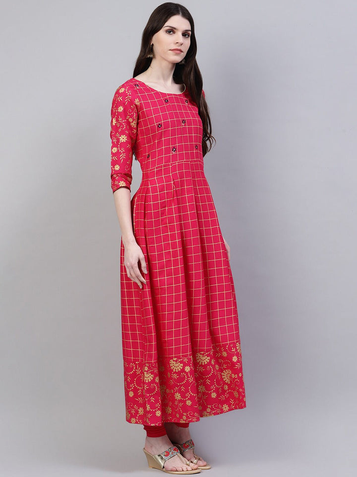 KURTA WITH DUPATTA - Women Checked Thread Work Kurta with Dupatta