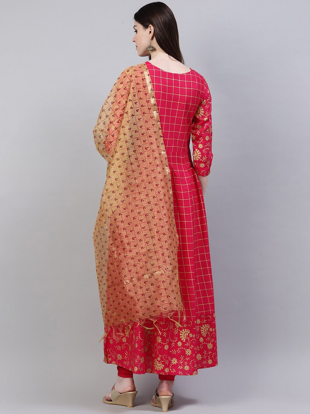 KURTA WITH DUPATTA - Women Checked Thread Work Kurta with Dupatta