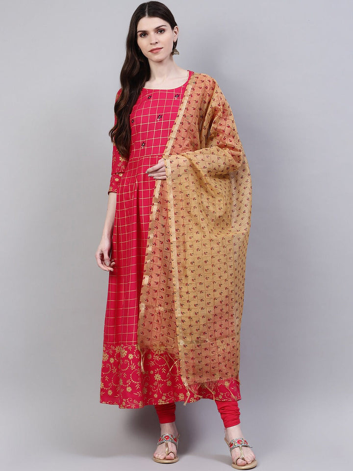 KURTA WITH DUPATTA - Women Checked Thread Work Kurta with Dupatta