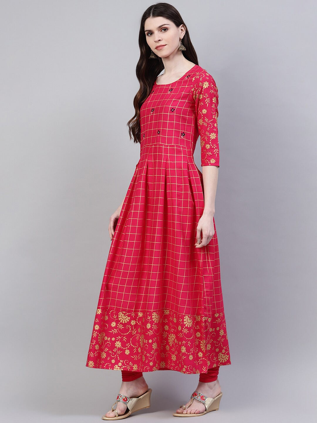 KURTA WITH DUPATTA - Women Checked Thread Work Kurta with Dupatta