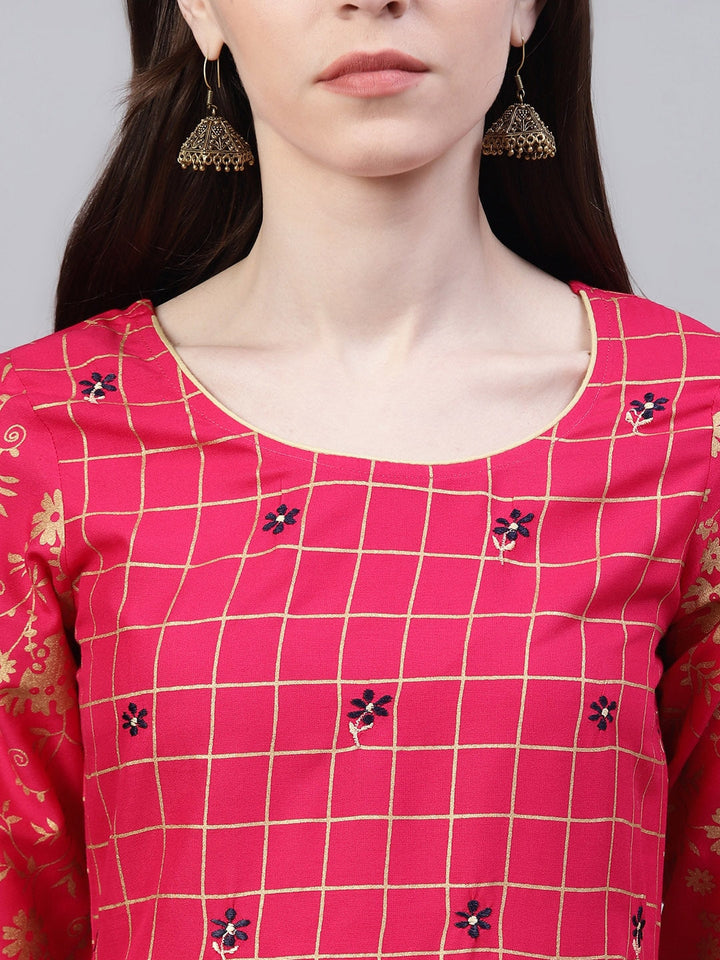 KURTA WITH DUPATTA - Women Checked Thread Work Kurta with Dupatta