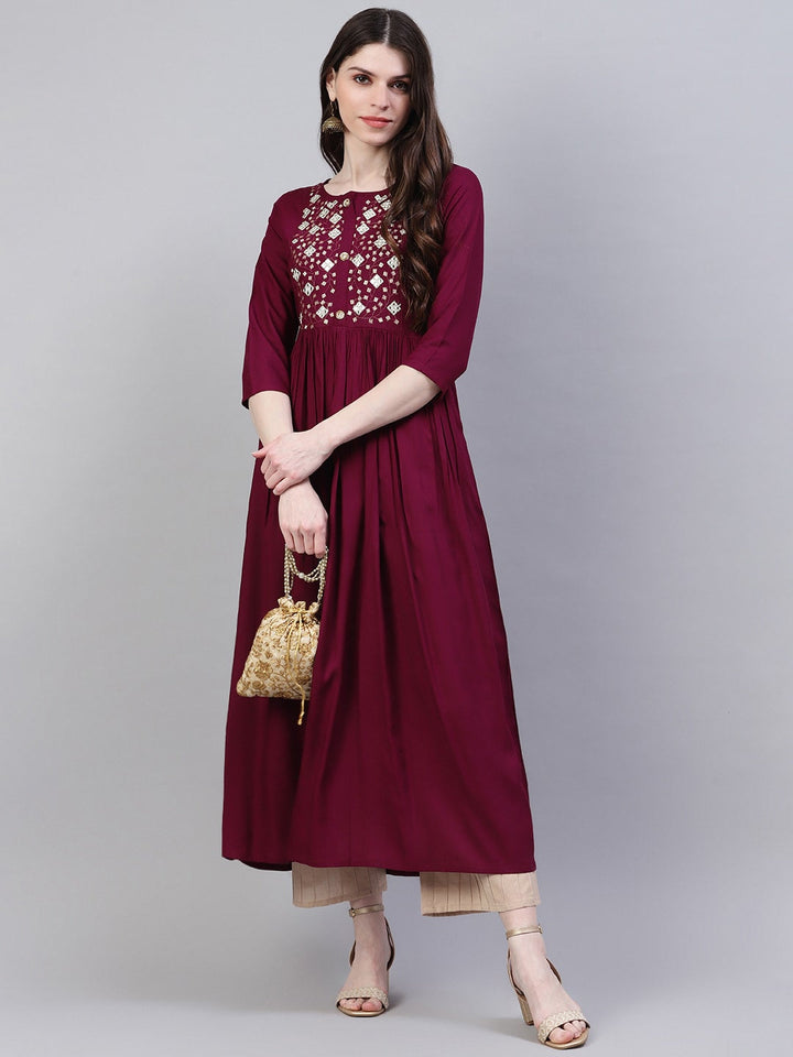 DRESS - Women Purple Floral Embroidered Mirror Work Kurta