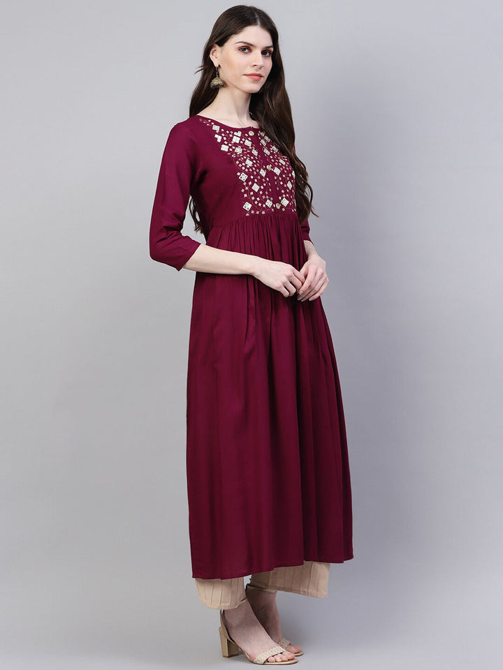 DRESS - Women Purple Floral Embroidered Mirror Work Kurta