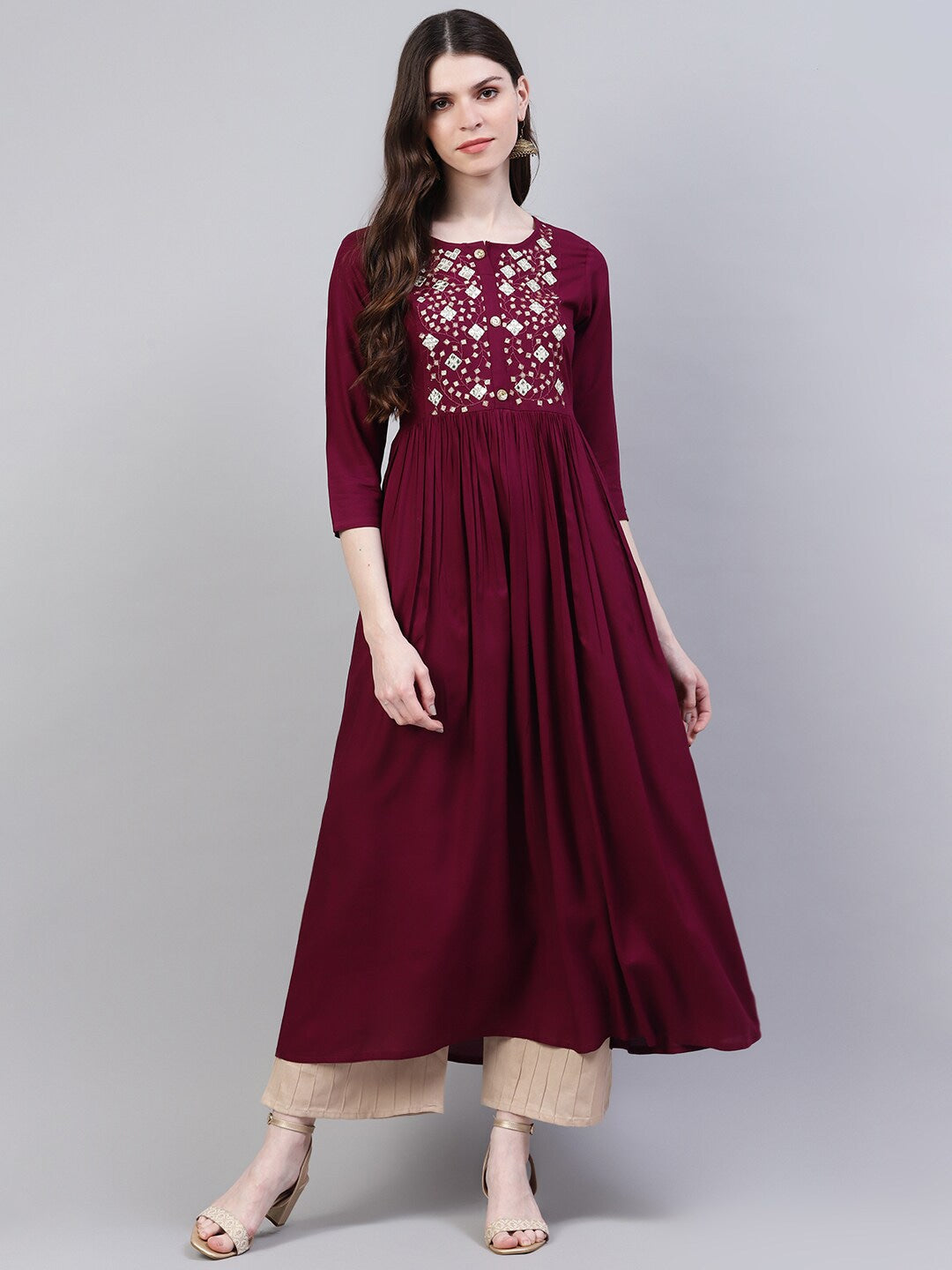 DRESS - Women Purple Floral Embroidered Mirror Work Kurta