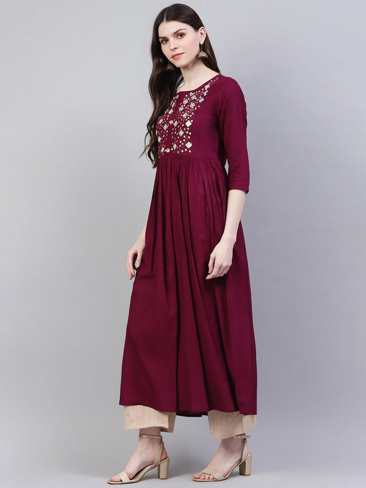 DRESS - Women Purple Floral Embroidered Mirror Work Kurta