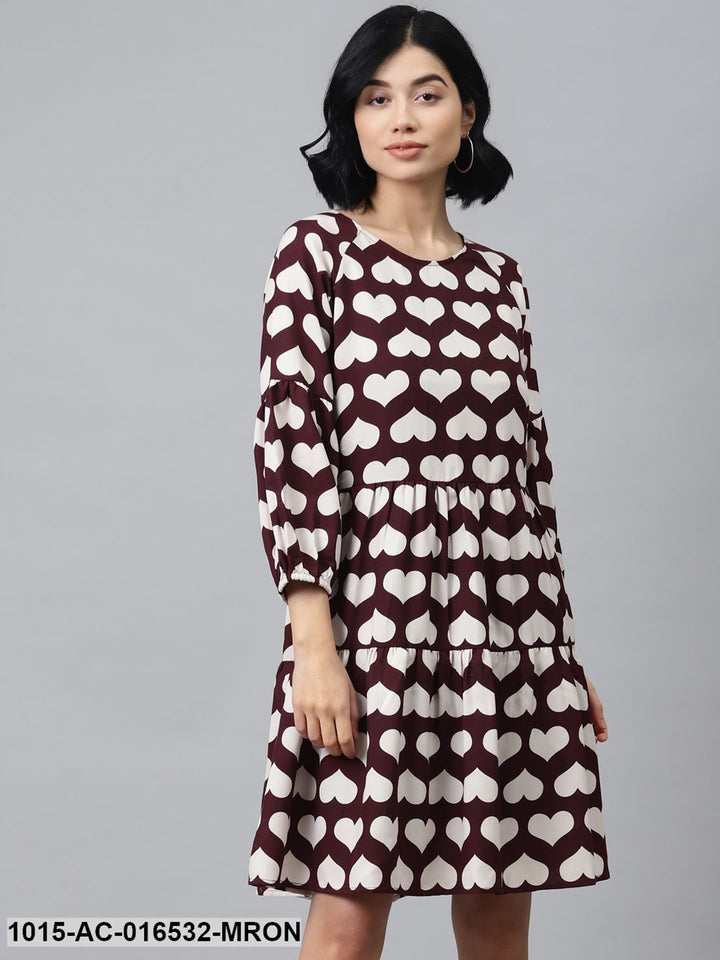 TUNIC - Maroon Heart Print Tiered Dress