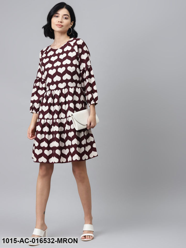 TUNIC - Maroon Heart Print Tiered Dress