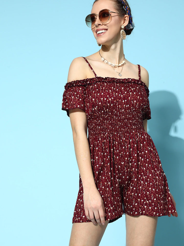 ROMPER - Maroon Floral Cold Shoulder Romper