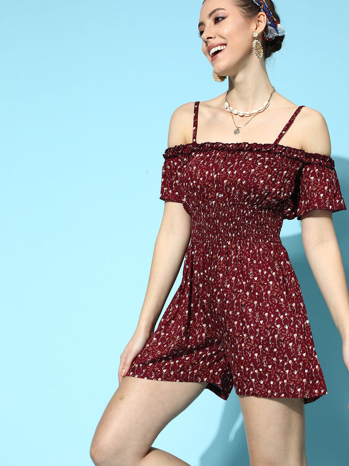 ROMPER - Maroon Floral Cold Shoulder Romper