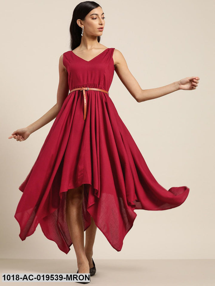 DRESS - Maroon Asymmetric Belted Dress