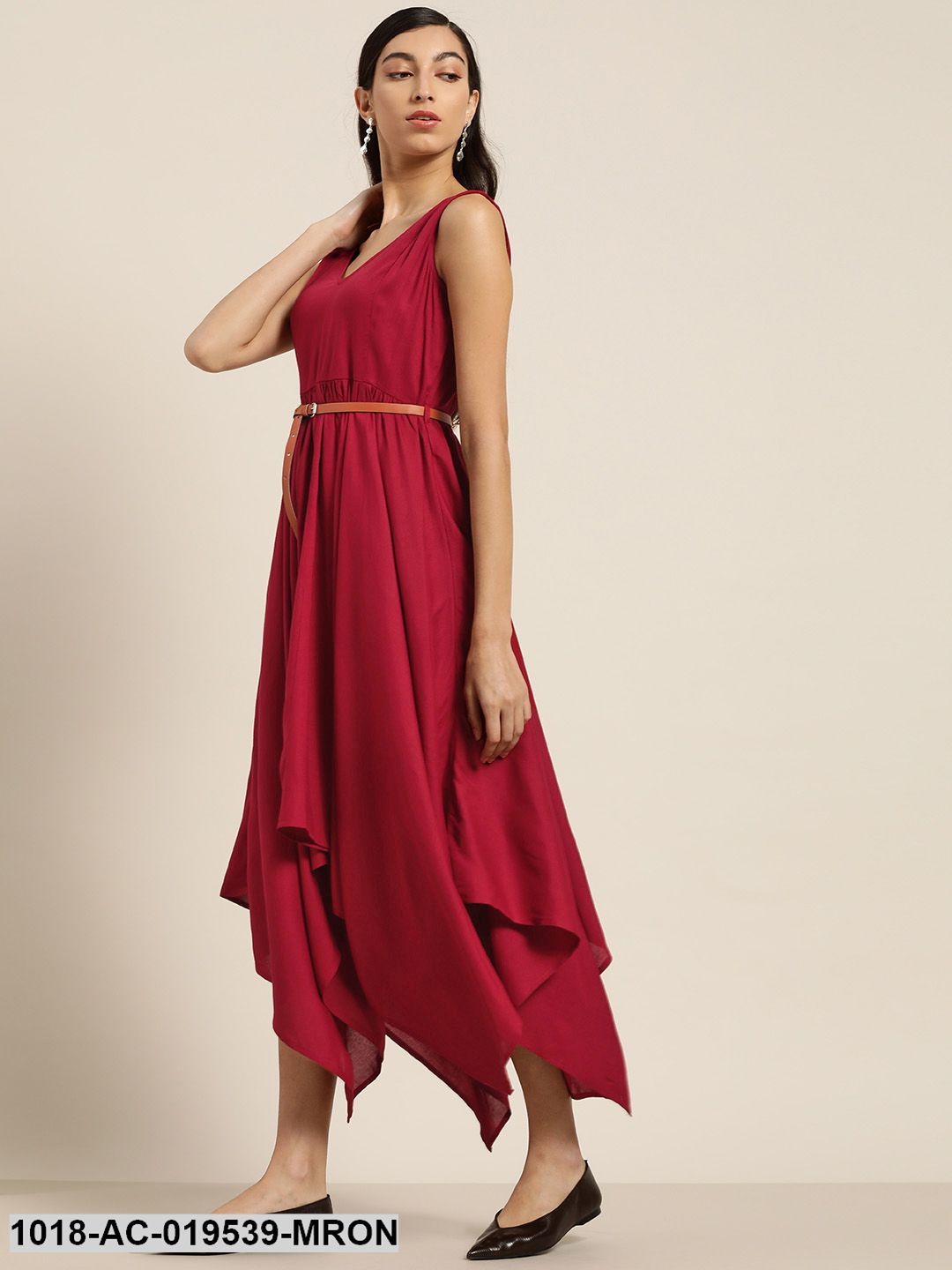 DRESS - Maroon Asymmetric Belted Dress