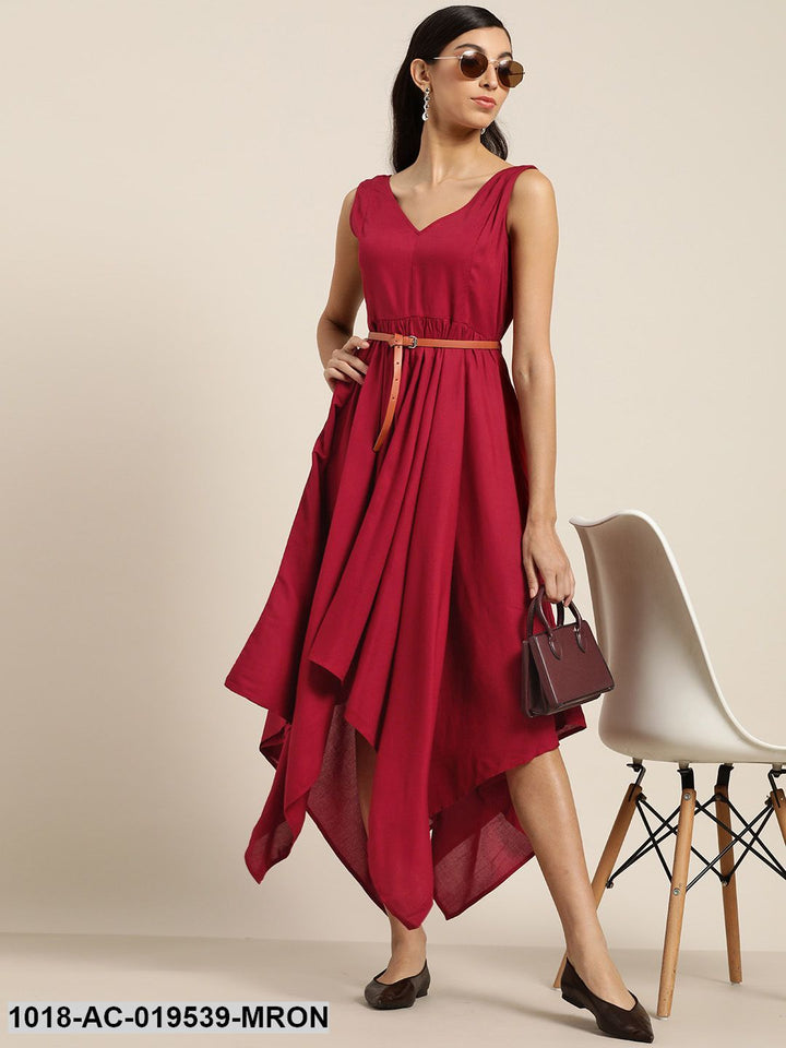 DRESS - Maroon Asymmetric Belted Dress