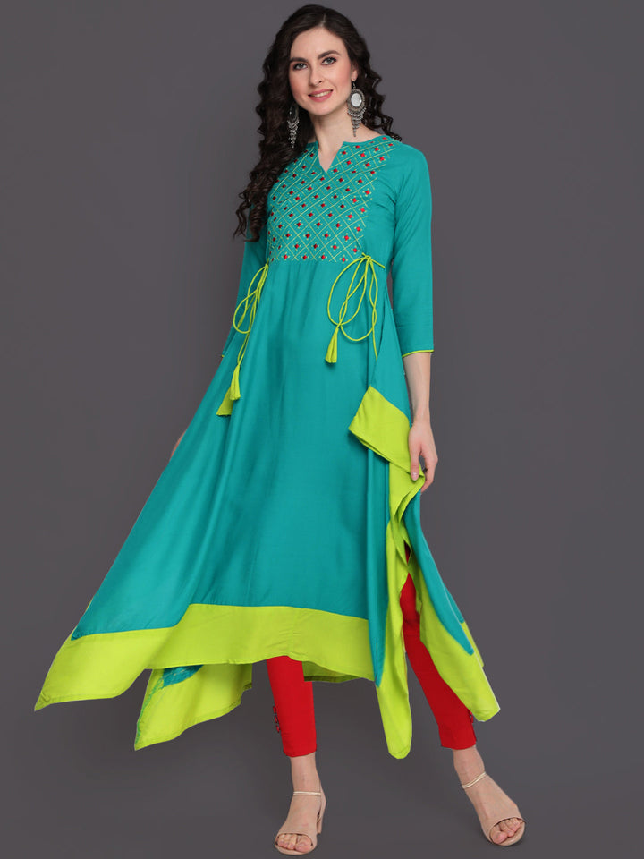 KURTA - Rayon Calf Length Asymmetrical 3/4 Sleeve Round Neck Embroidered Kurta Dress