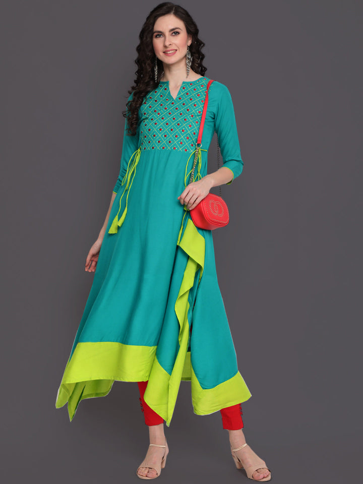 KURTA - Rayon Calf Length Asymmetrical 3/4 Sleeve Round Neck Embroidered Kurta Dress