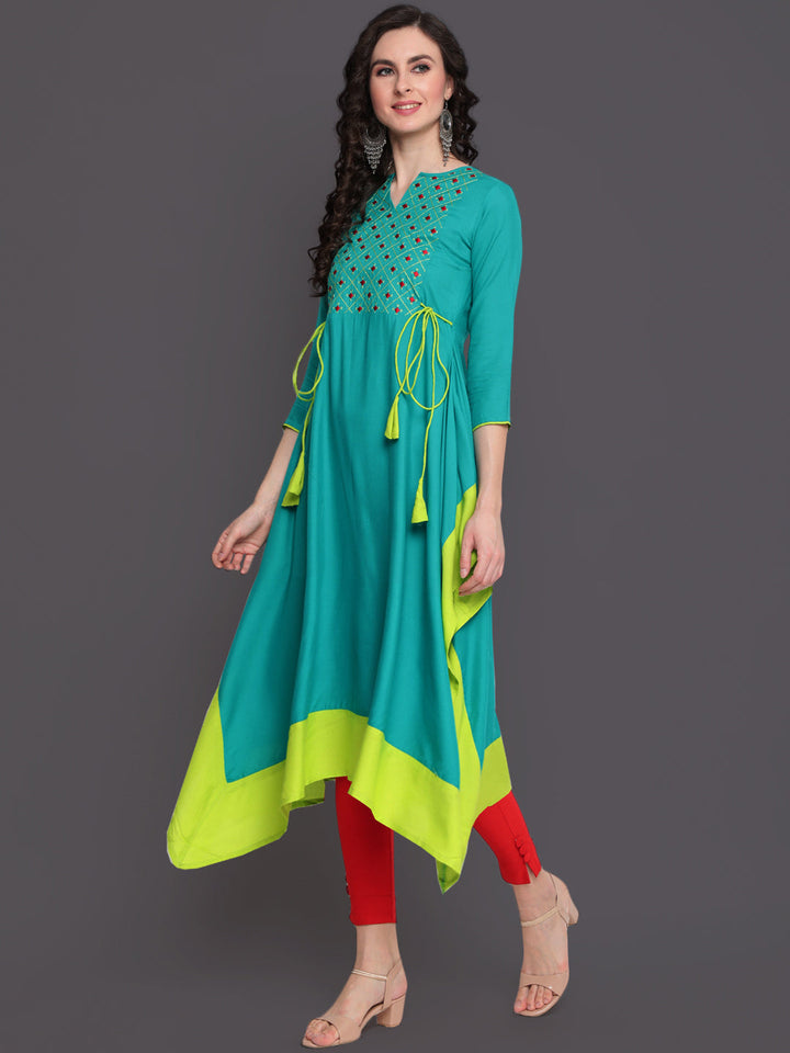 KURTA - Rayon Calf Length Asymmetrical 3/4 Sleeve Round Neck Embroidered Kurta Dress