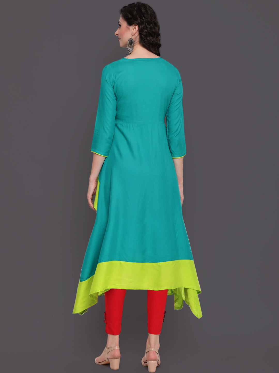 KURTA - Rayon Calf Length Asymmetrical 3/4 Sleeve Round Neck Embroidered Kurta Dress