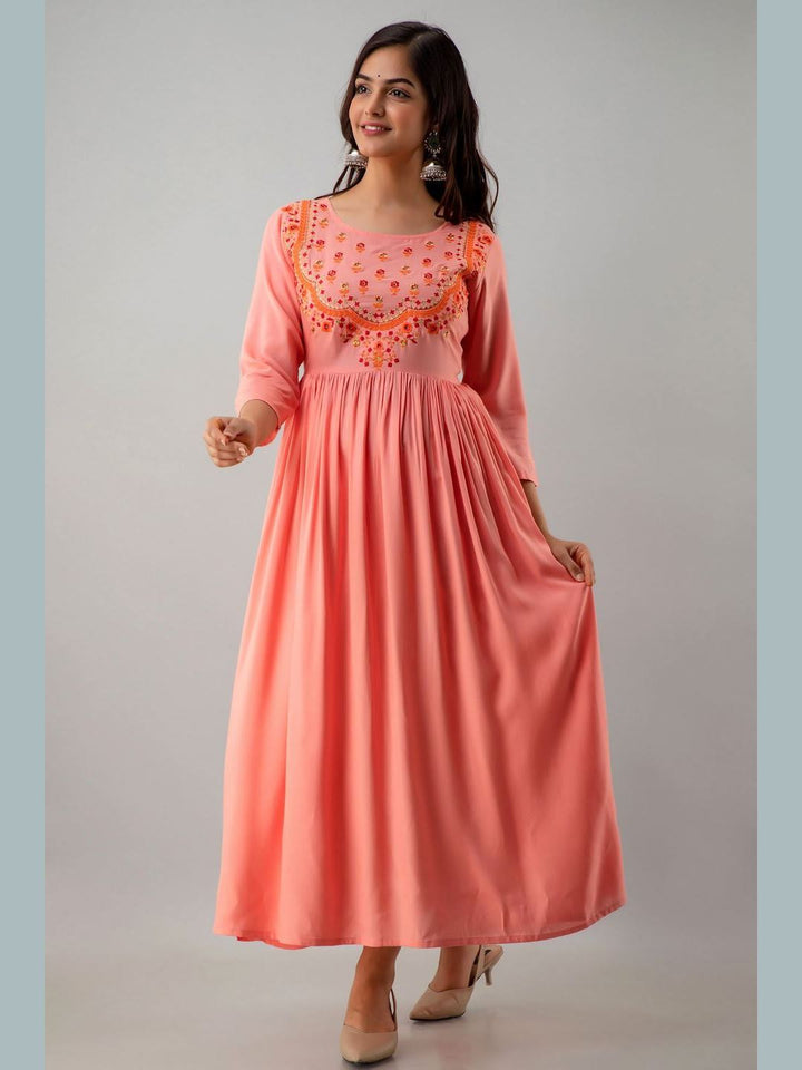 DRESS - Embroidered Rayon Round Neck Flared Ankle Length Dress