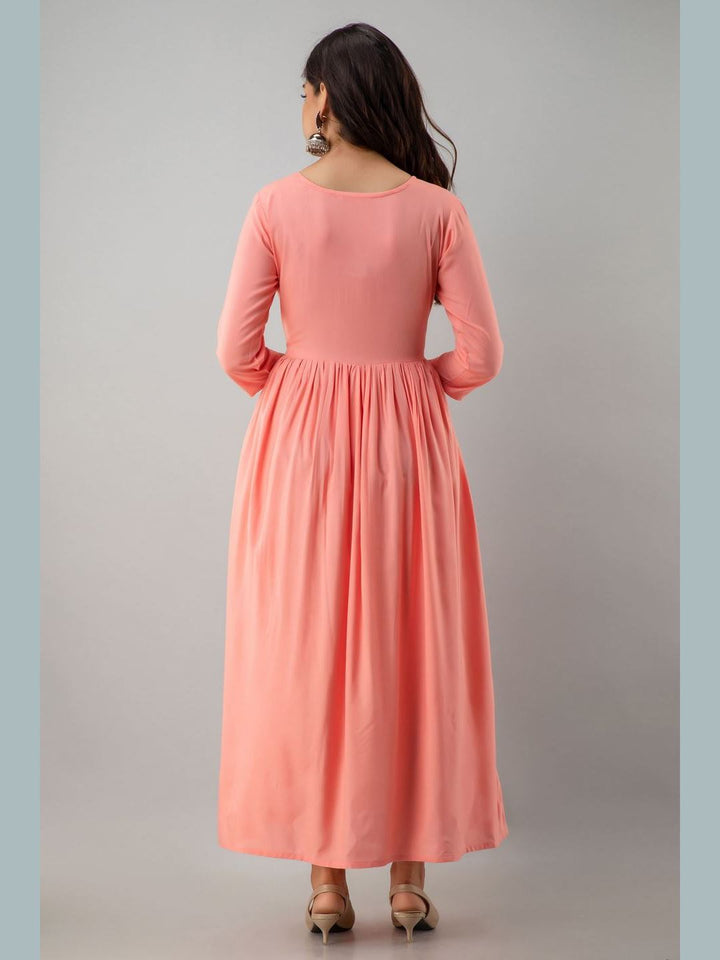 DRESS - Embroidered Rayon Round Neck Flared Ankle Length Dress