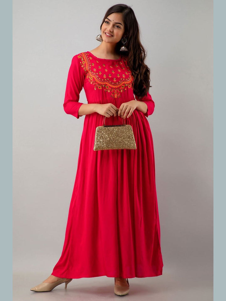 DRESS - Embroidered Rayon Round Neck 3/4 Sleeve Flared Ankle Length Kurta Dress