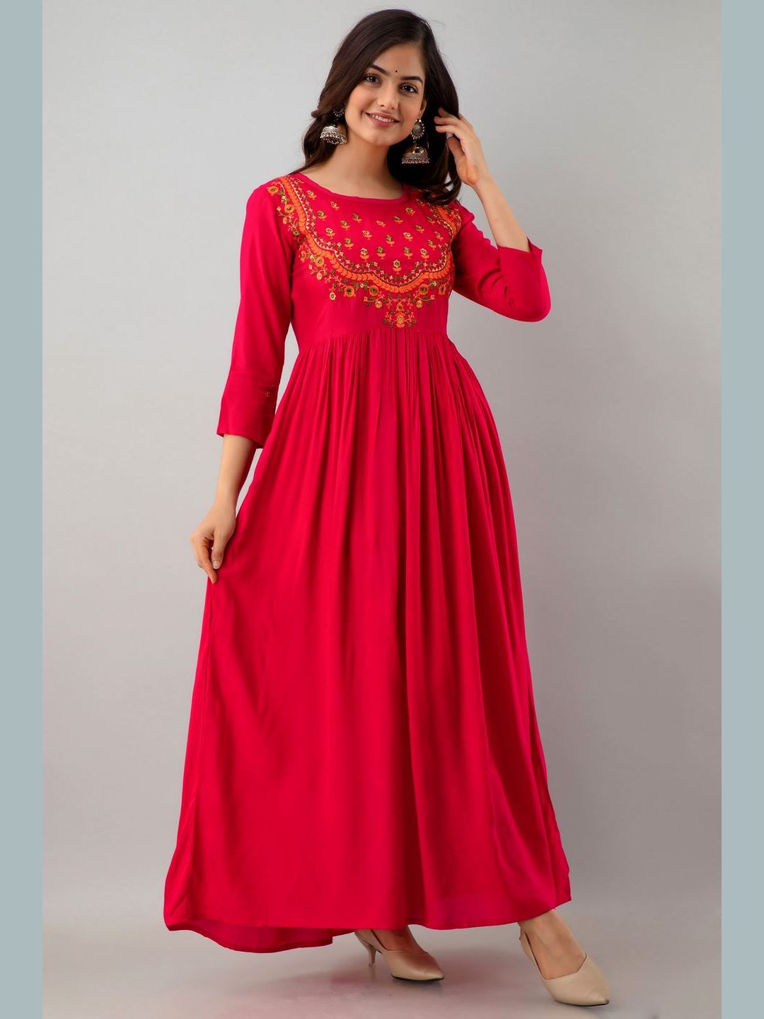 DRESS - Embroidered Rayon Round Neck 3/4 Sleeve Flared Ankle Length Kurta Dress