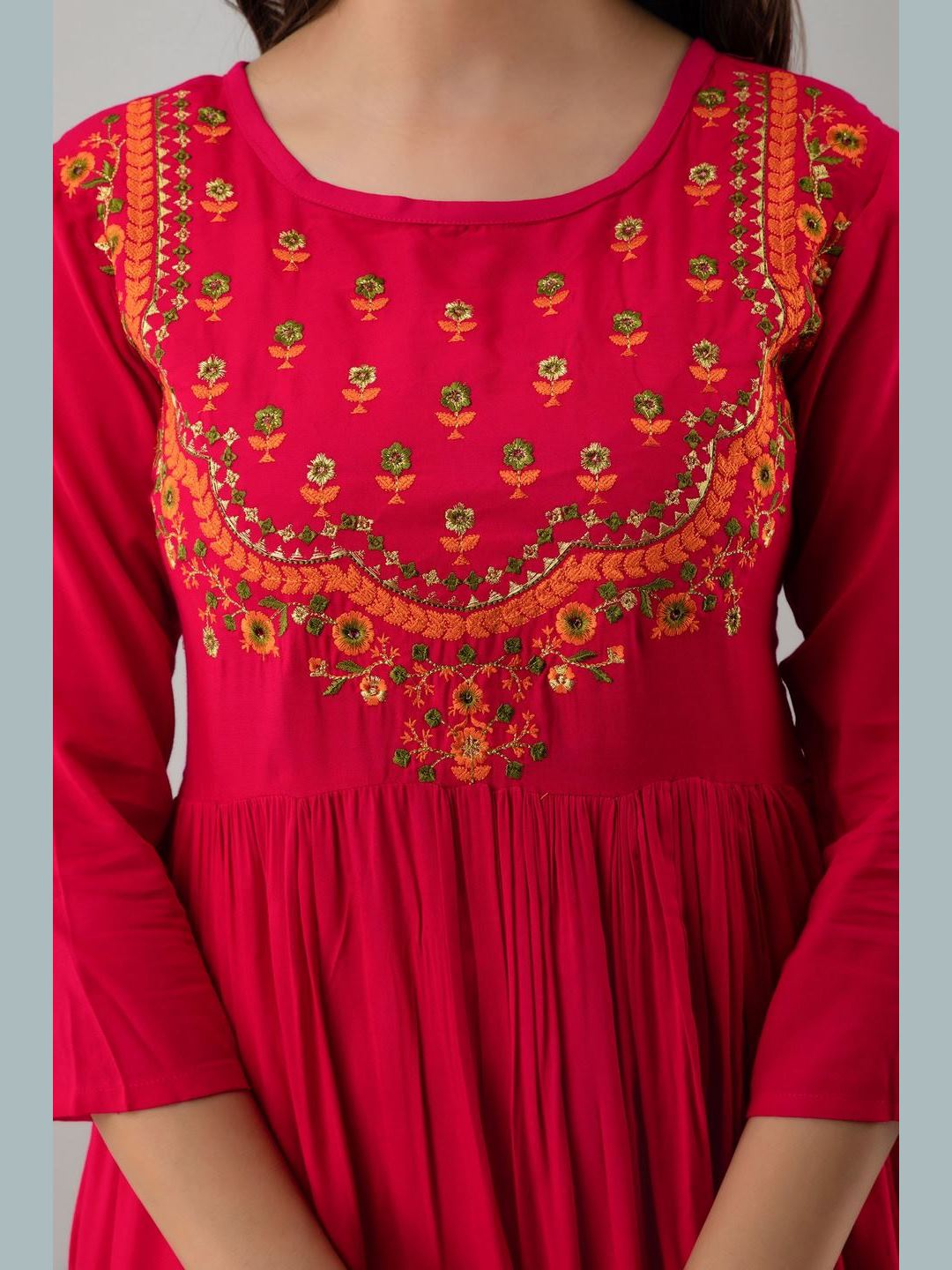 DRESS - Embroidered Rayon Round Neck 3/4 Sleeve Flared Ankle Length Kurta Dress