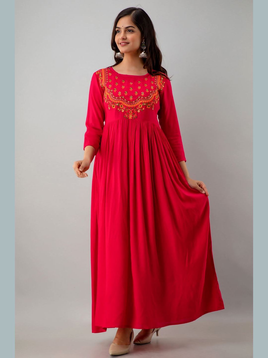 DRESS - Embroidered Rayon Round Neck 3/4 Sleeve Flared Ankle Length Kurta Dress