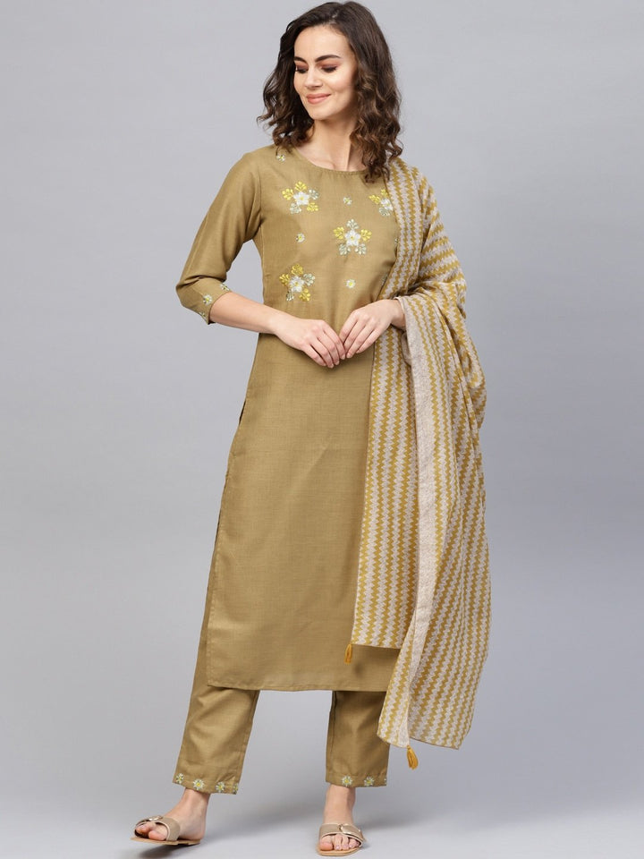 DUPATTA SET - Olive brown, Embroidered Kurta and pants with Printed chanderi Dupatta