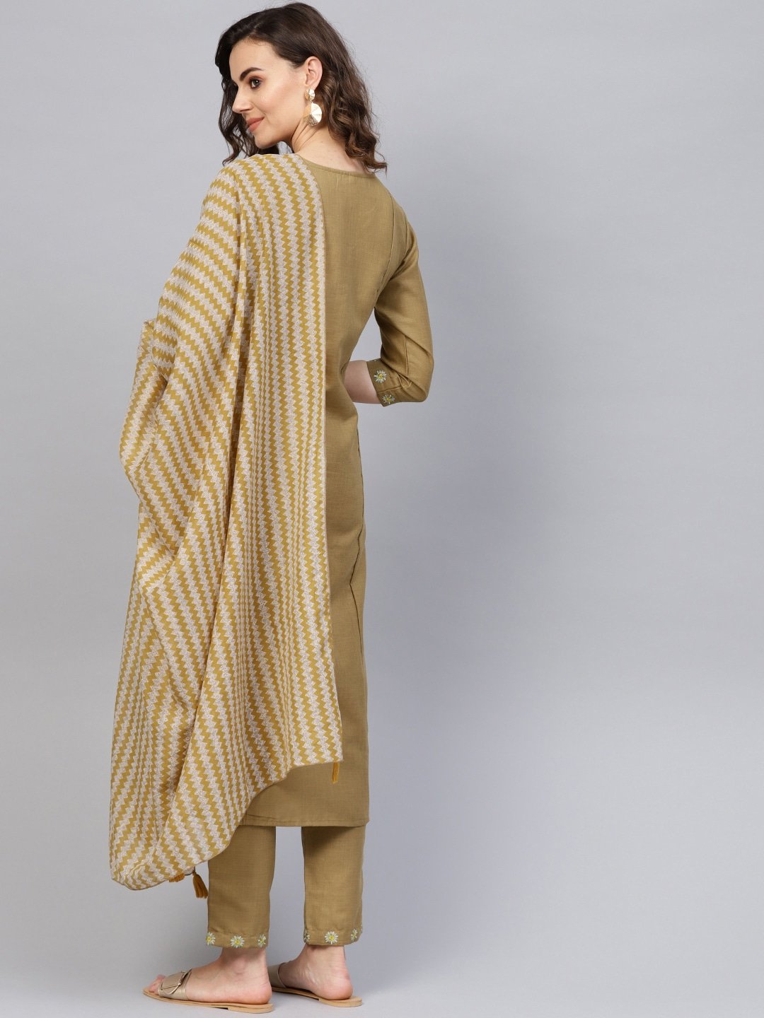 DUPATTA SET - Olive brown, Embroidered Kurta and pants with Printed chanderi Dupatta