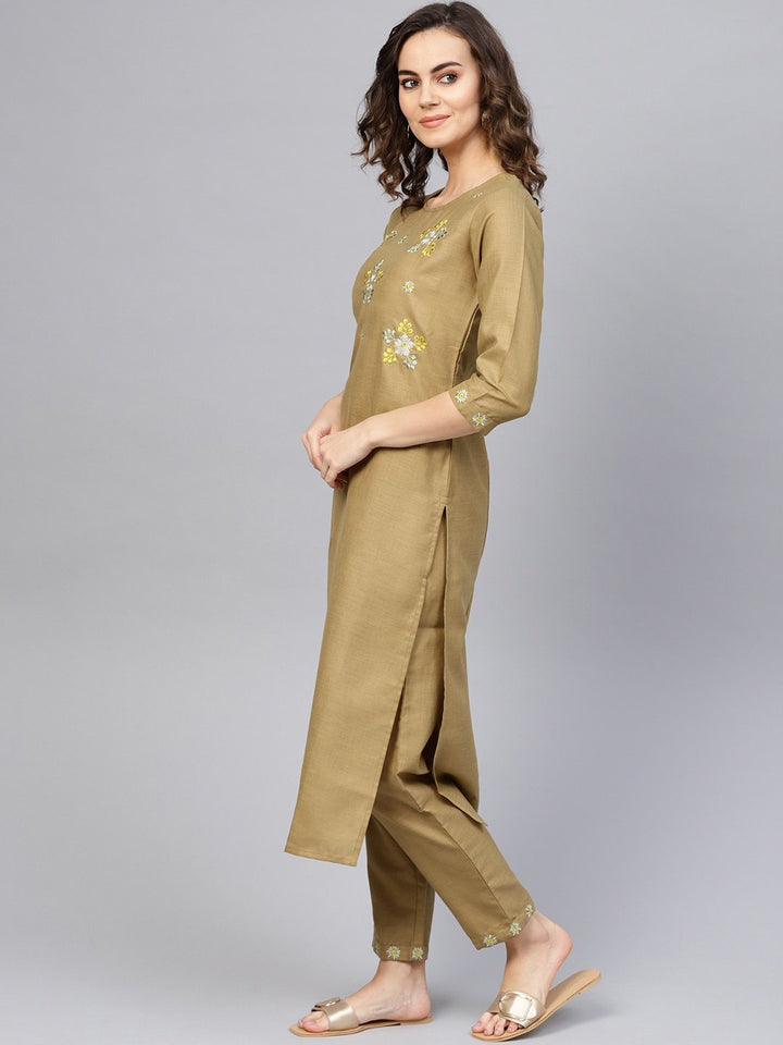 DUPATTA SET - Olive brown, Embroidered Kurta and pants with Printed chanderi Dupatta