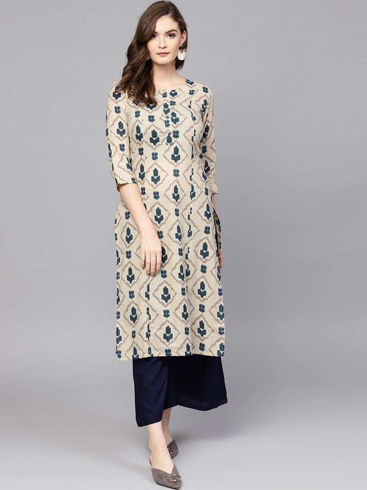 KURTA PANT - Co-rds Women Beige & Blue Printed Kurta with Palazzos