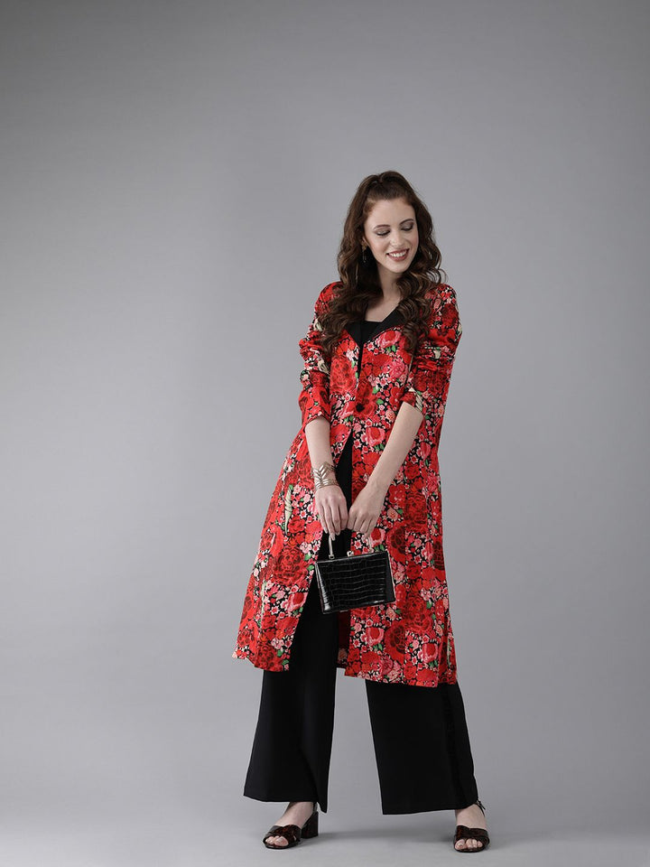 JACKET - Women Red Floral Printed Front Open Longline Jacket