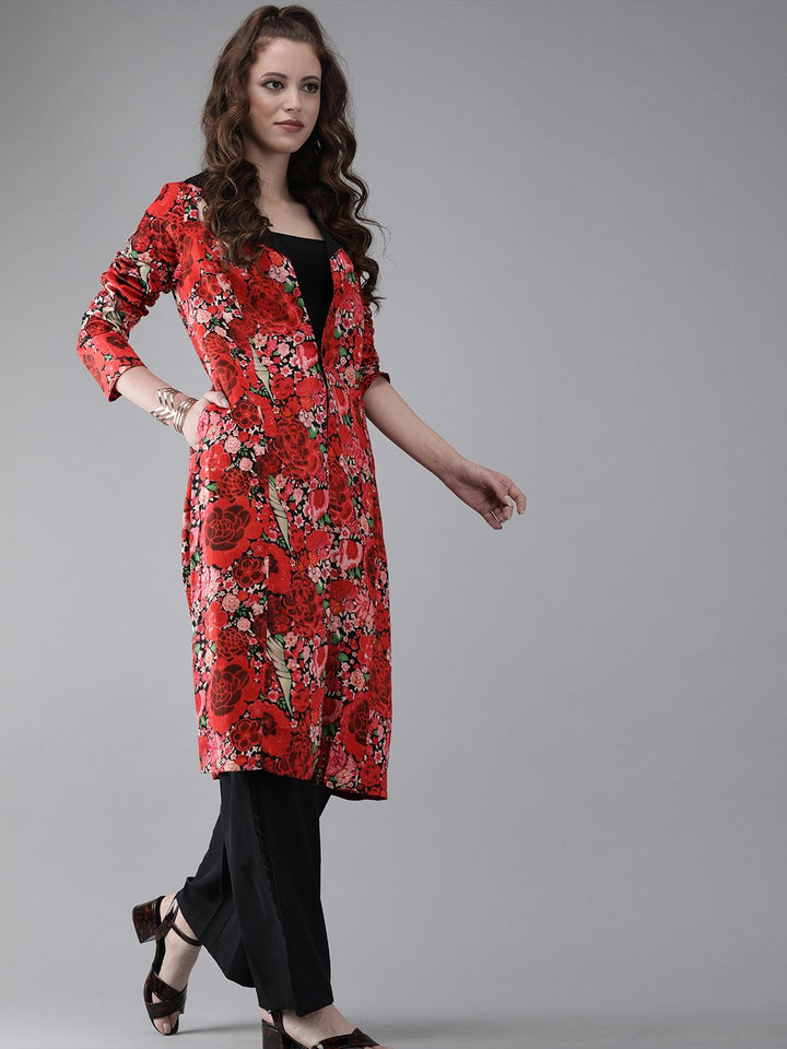 JACKET - Women Red Floral Printed Front Open Longline Jacket