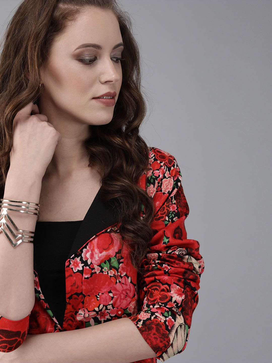 JACKET - Women Red Floral Printed Front Open Longline Jacket