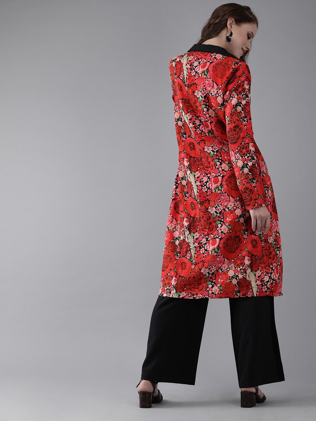 JACKET - Women Red Floral Printed Front Open Longline Jacket