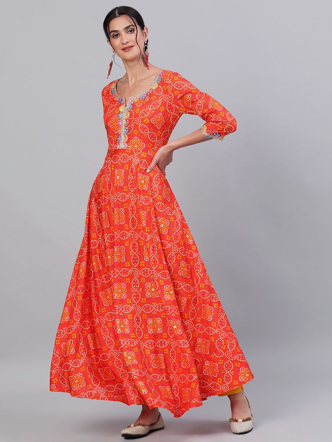 DRESS - Orange Bandhani Printed Flared Maxi