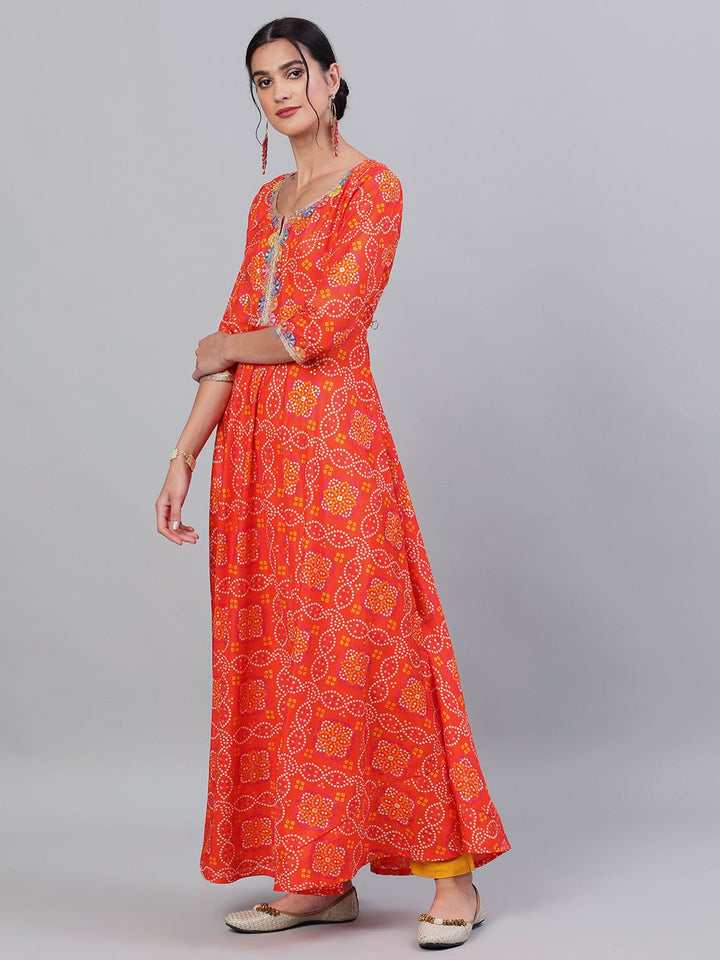 DRESS - Orange Bandhani Printed Flared Maxi