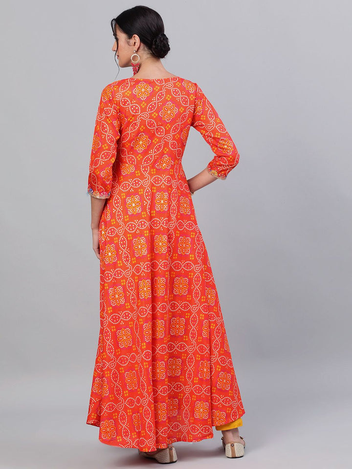 DRESS - Orange Bandhani Printed Flared Maxi