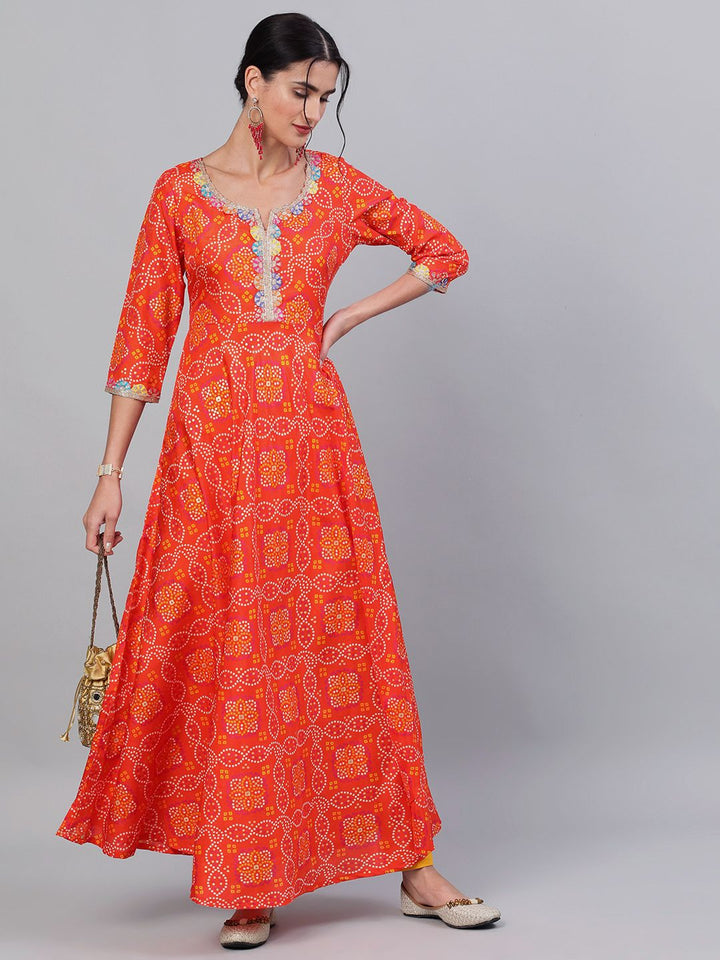 DRESS - Orange Bandhani Printed Flared Maxi