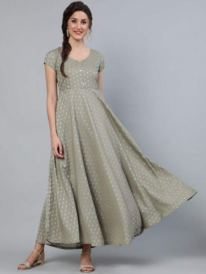 DRESS - Grey Dobby Golden Zari Work Flared Maxi