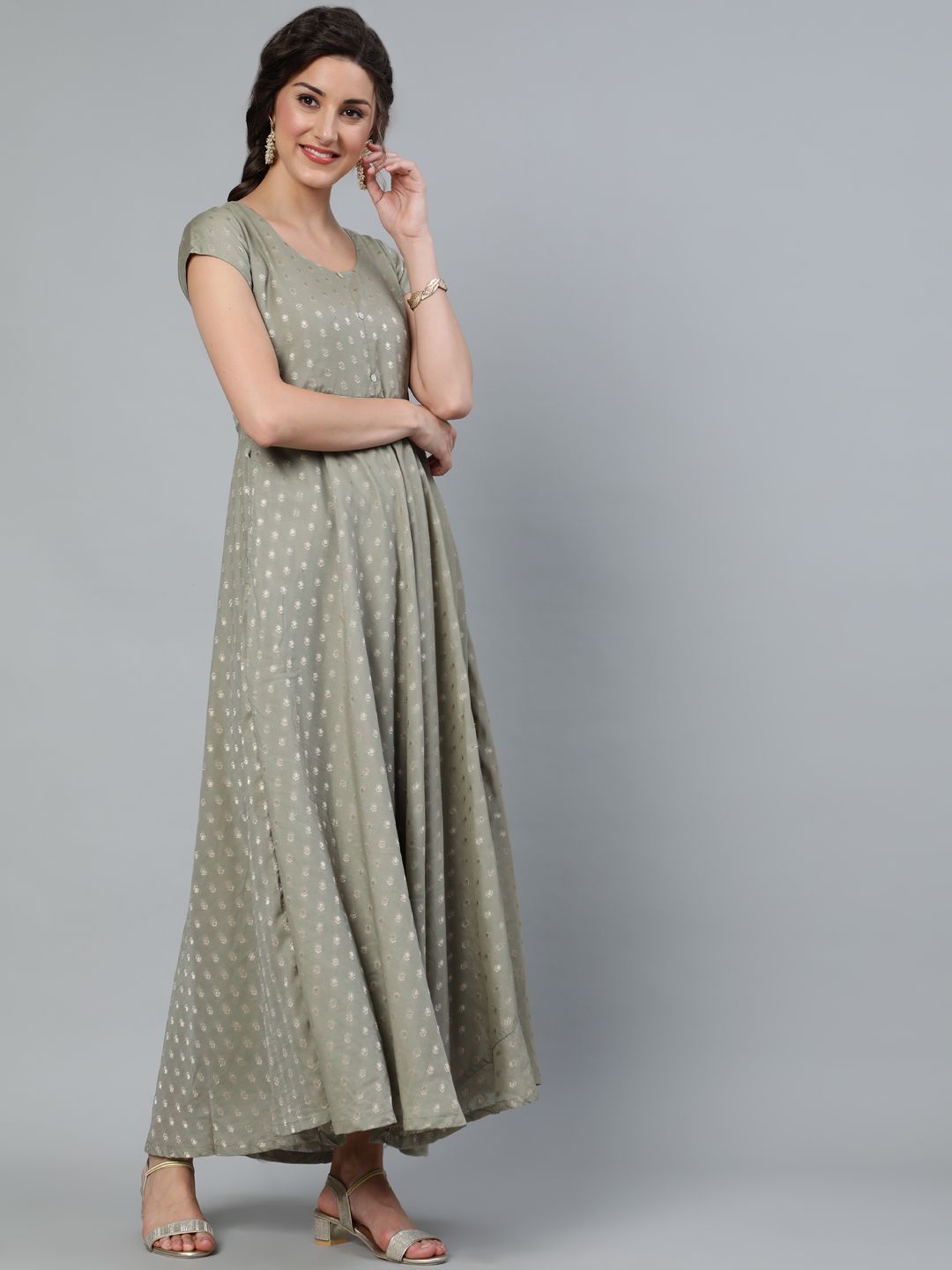 DRESS - Grey Dobby Golden Zari Work Flared Maxi