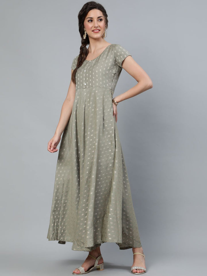 DRESS - Grey Dobby Golden Zari Work Flared Maxi