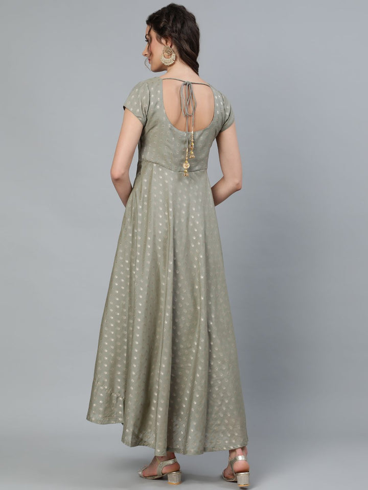 DRESS - Grey Dobby Golden Zari Work Flared Maxi