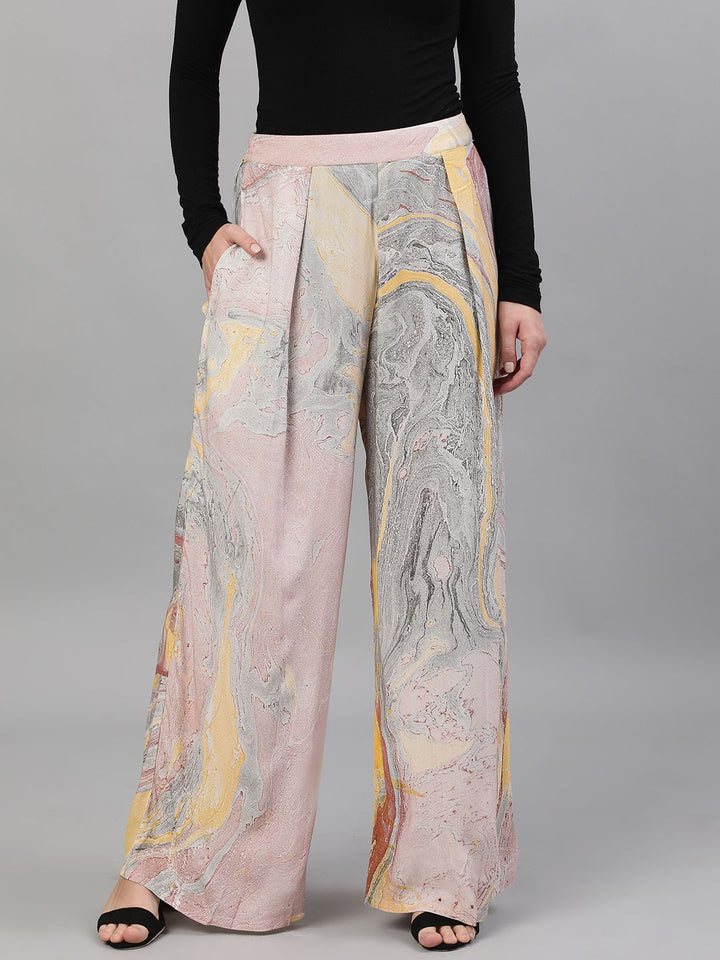 BOTTOMS - PEACH & GREY MARBLE PRINTED PALAZZO